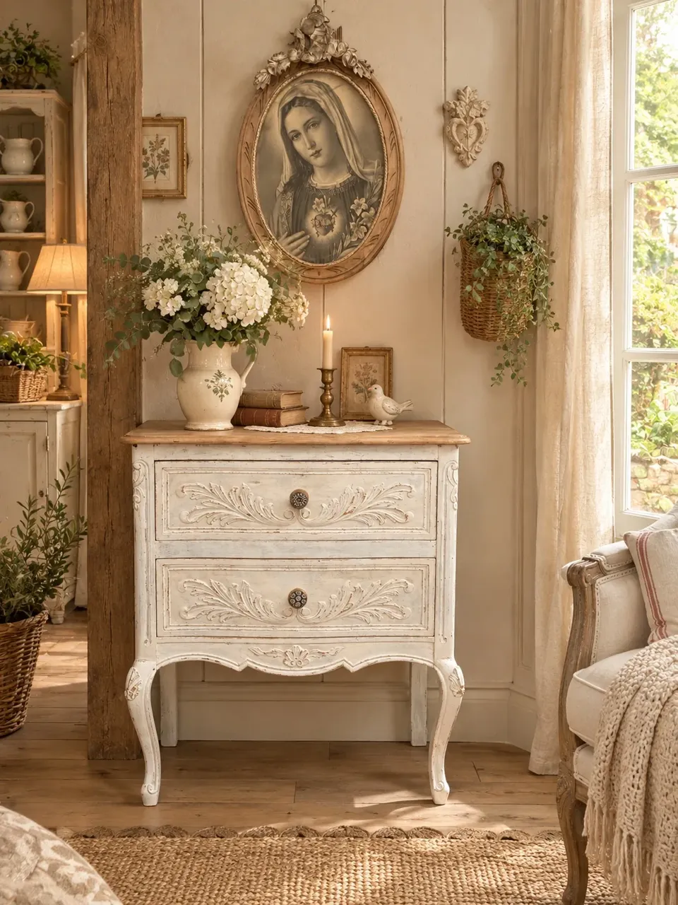 Adorable petite commode ou console blanc patiné  meuble vintage