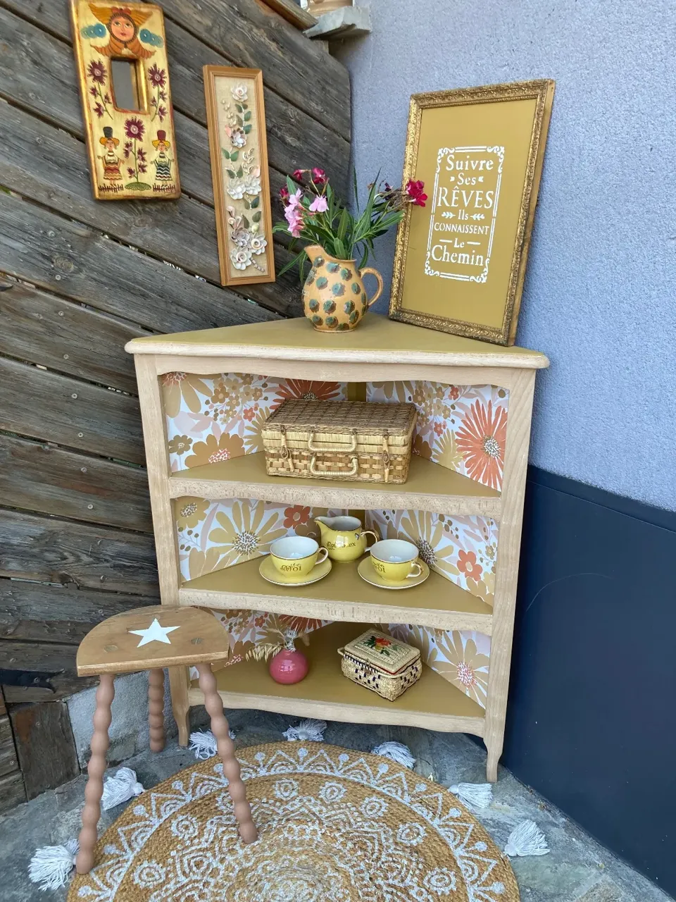 Bibus d angle rare !!! Relooke curry papier fleurs 🌸  meuble vintage relooke en bois massif