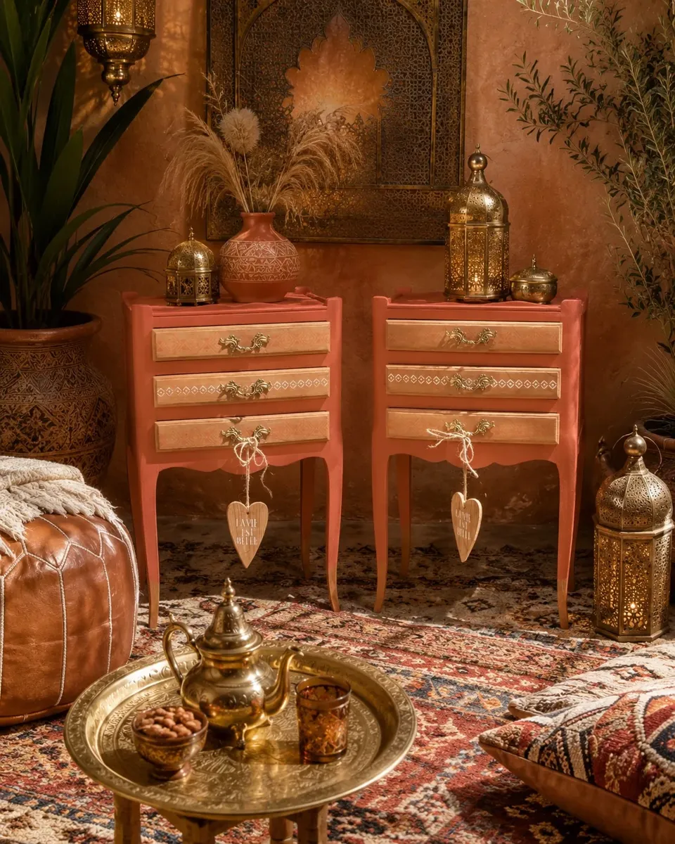 Jolie paire de chevets bohème /terracotta inspiration berbère  meuble vintage relooke en bois massif