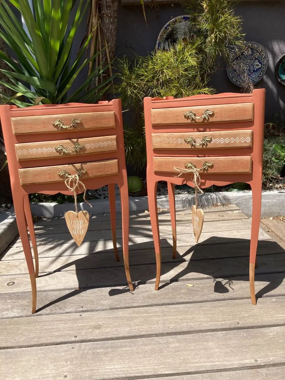 Jolie paire de chevets bohème /terracotta inspiration berbère  meuble vintage relooke en bois massif