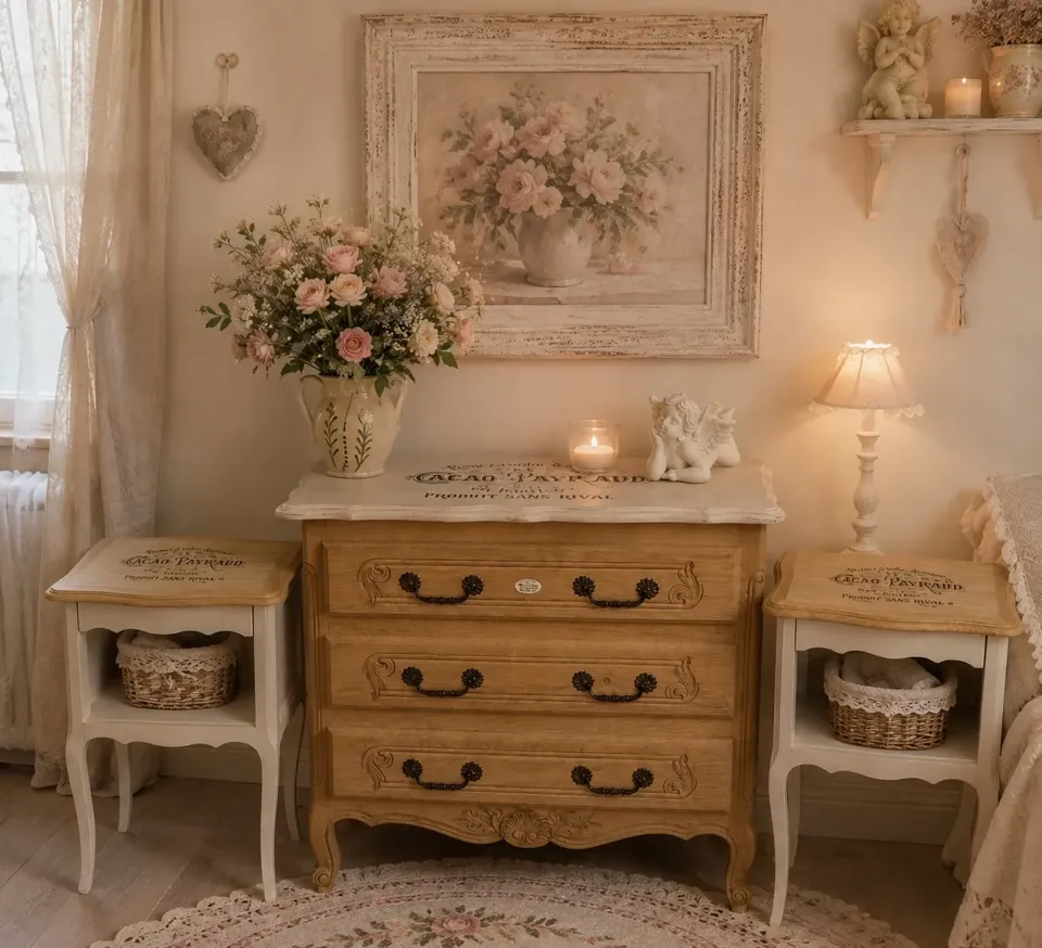 Magnifique commode chene louis XV plateau somptueux decor shabby fond  beige  meuble vintage relooke en bois massif