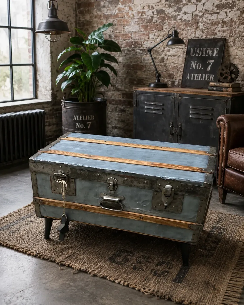 Malle coffre ou Tabke sur pieds industrielle / rare  meuble vintage