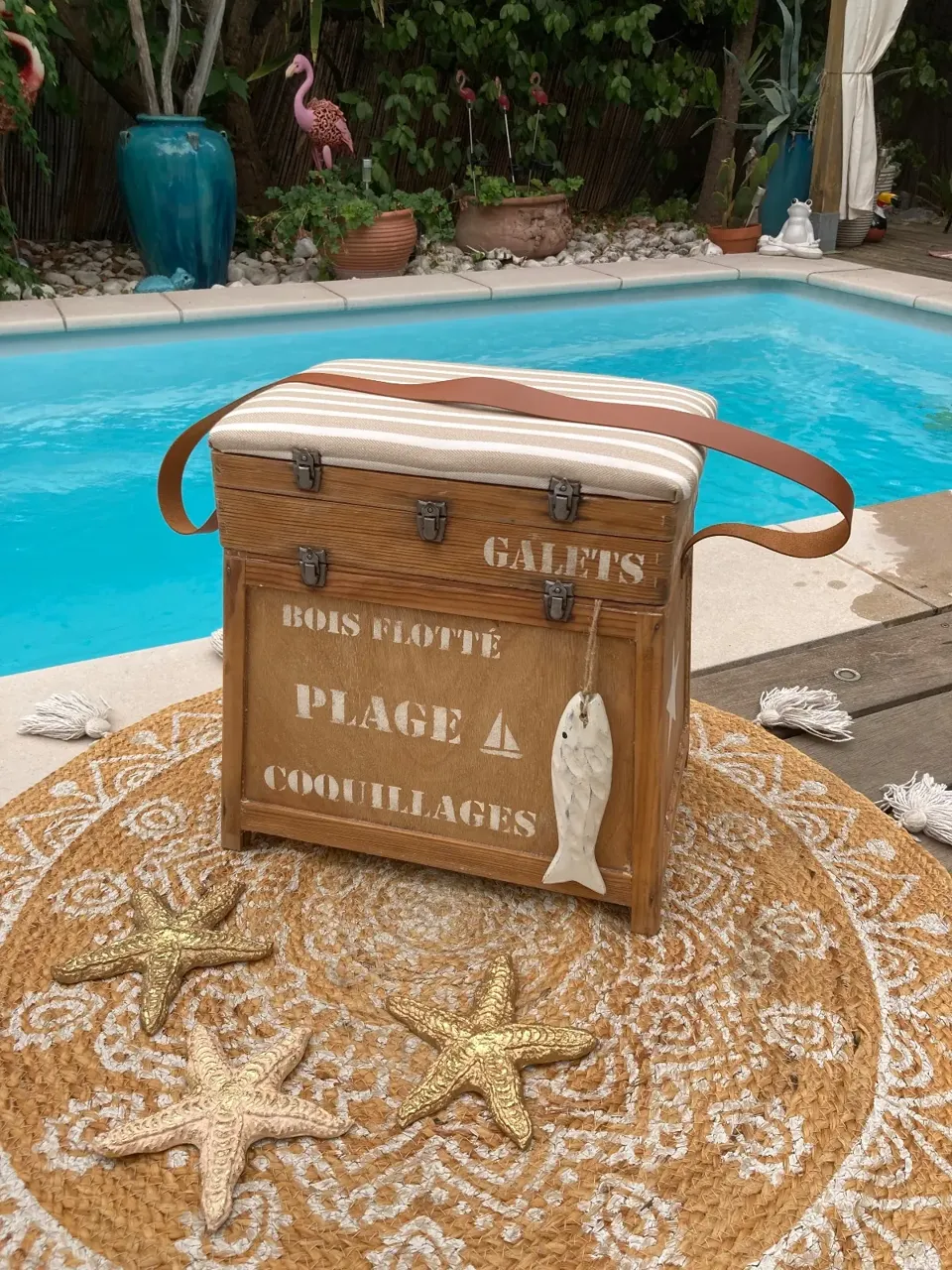 Original !!! Coffre tabouret de pêcheur style BORD DE MER  meuble vintage relooke en bois massif