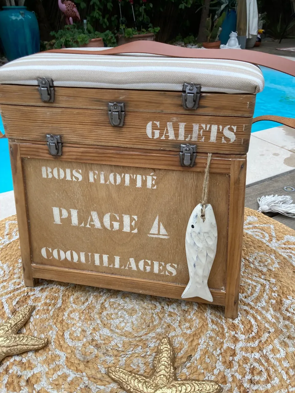 Original !!! Coffre tabouret de pêcheur style BORD DE MER  meuble vintage relooke en bois massif