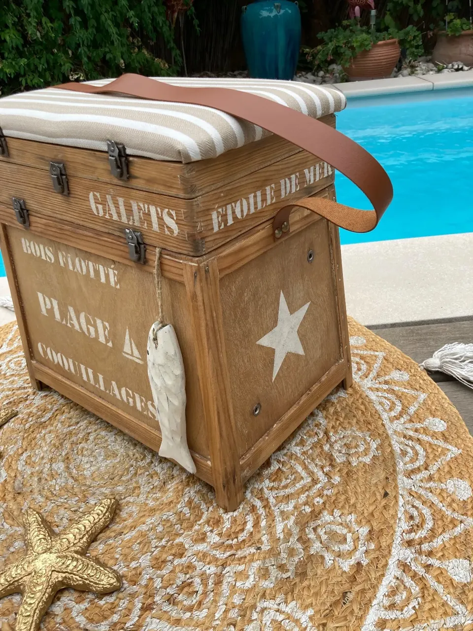 Original !!! Coffre tabouret de pêcheur style BORD DE MER  meuble vintage relooke en bois massif