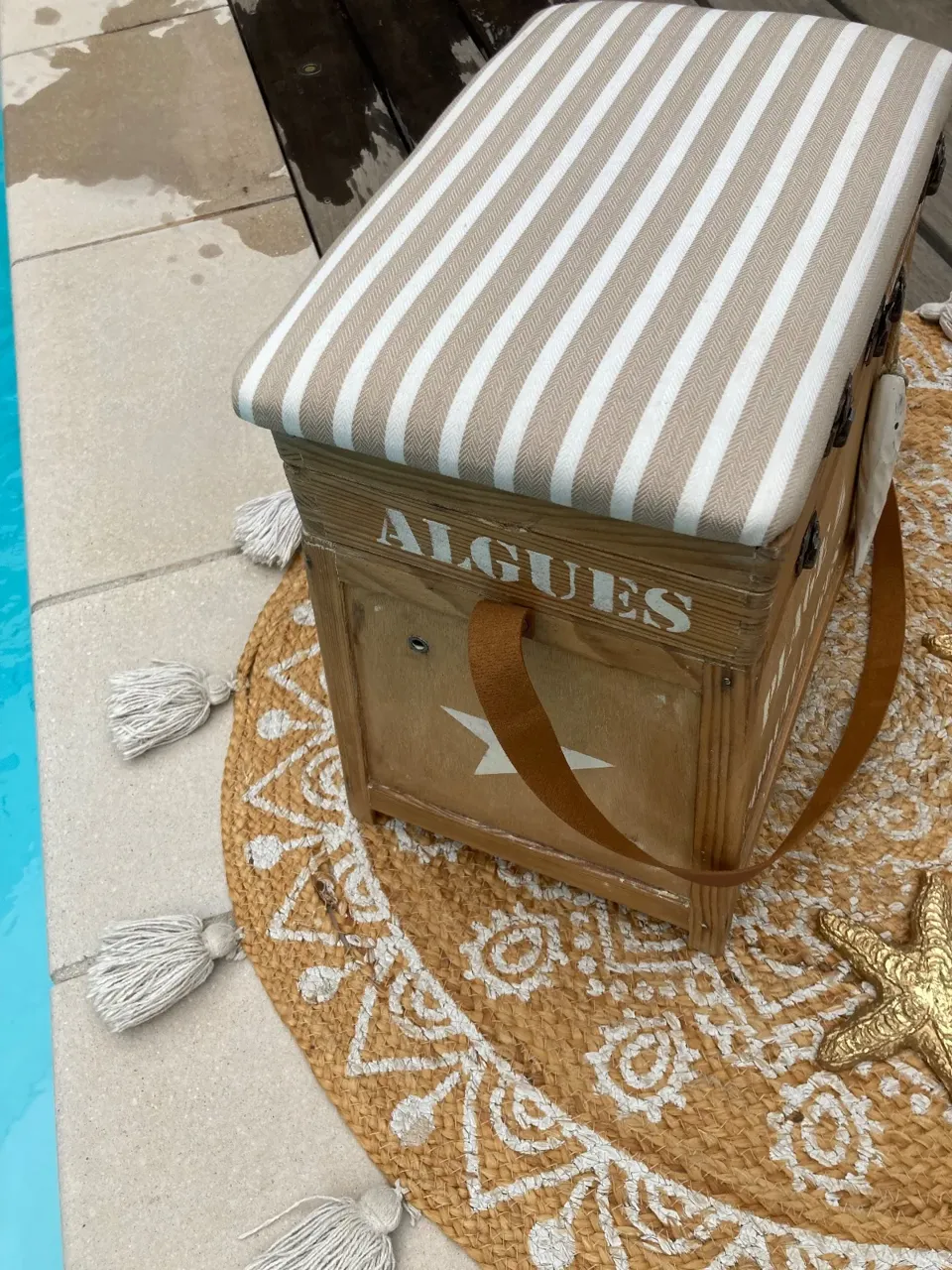 Original !!! Coffre tabouret de pêcheur style BORD DE MER  meuble vintage relooke en bois massif