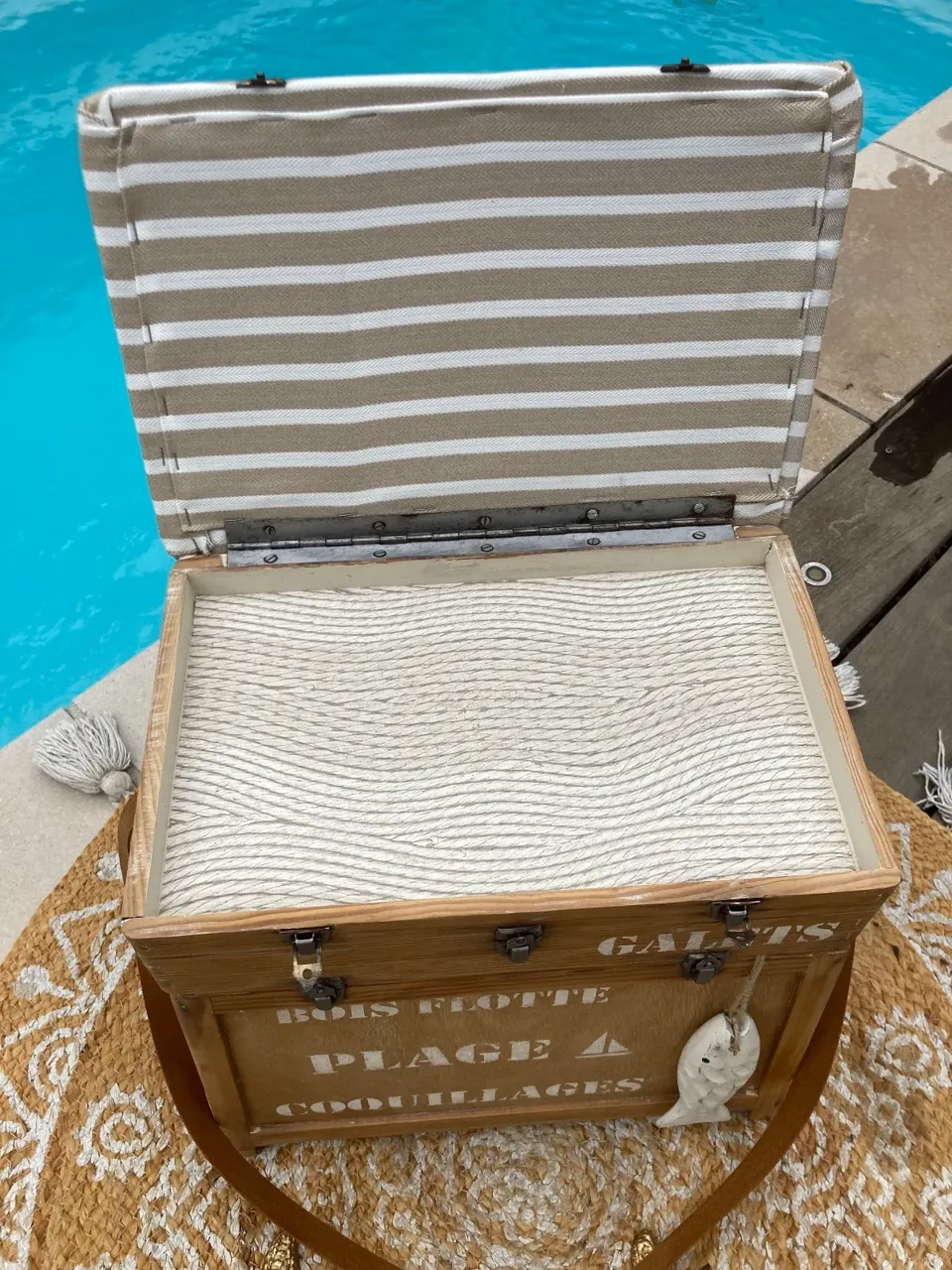 Original !!! Coffre tabouret de pêcheur style BORD DE MER  meuble vintage relooke en bois massif