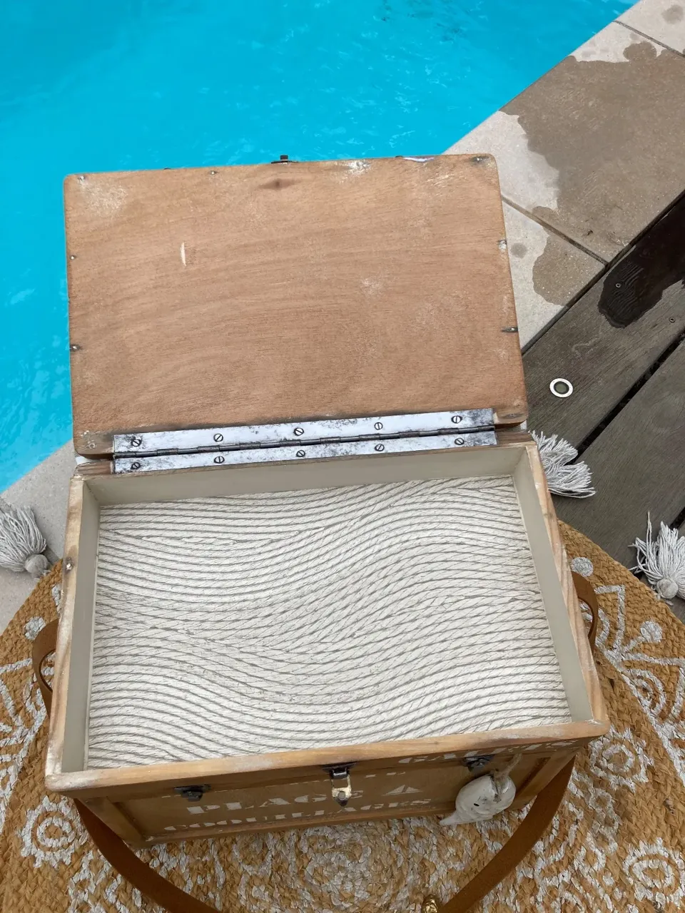 Original !!! Coffre tabouret de pêcheur style BORD DE MER  meuble vintage relooke en bois massif