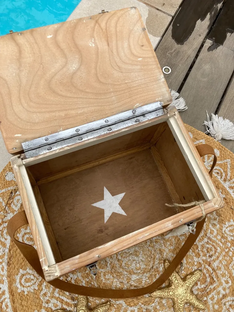 Original !!! Coffre tabouret de pêcheur style BORD DE MER  meuble vintage relooke en bois massif