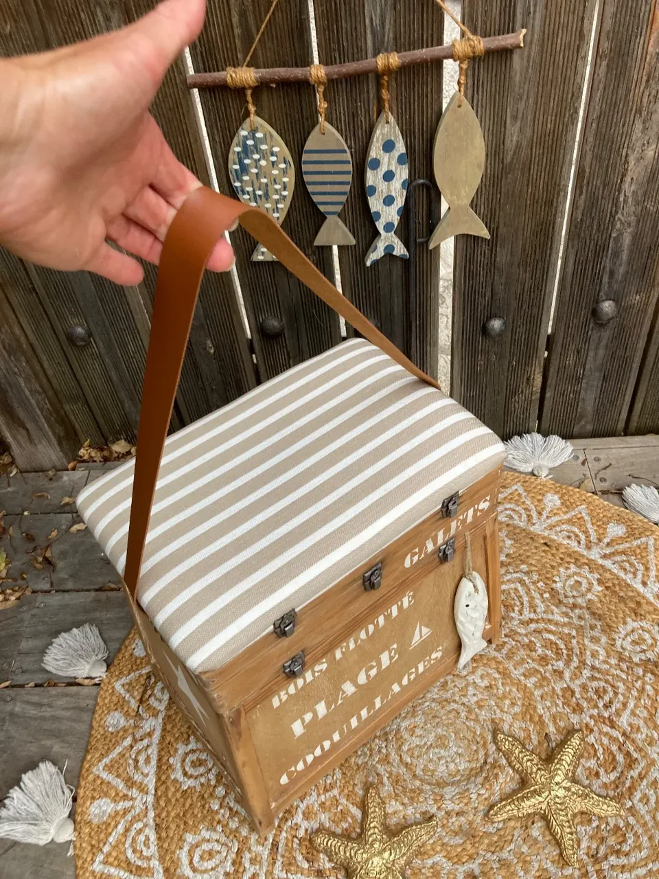 Original !!! Coffre tabouret de pêcheur style BORD DE MER  meuble vintage relooke en bois massif
