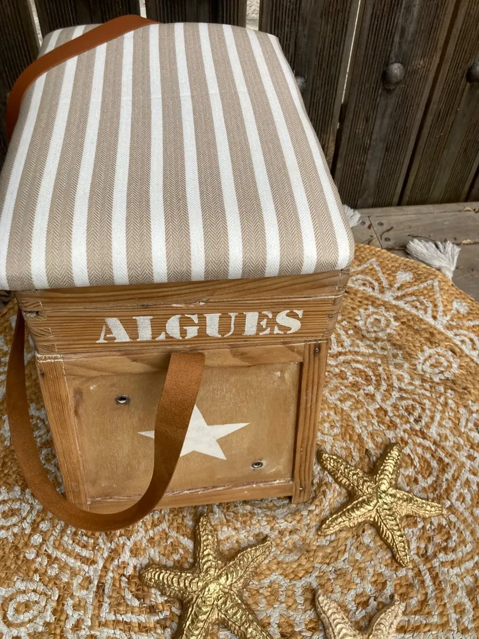 Original !!! Coffre tabouret de pêcheur style BORD DE MER  meuble vintage relooke en bois massif