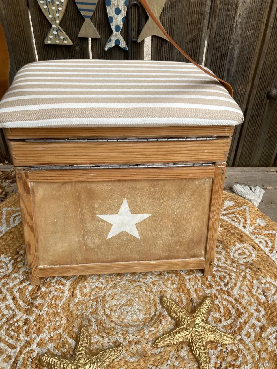 Original !!! Coffre tabouret de pêcheur style BORD DE MER  meuble vintage relooke en bois massif