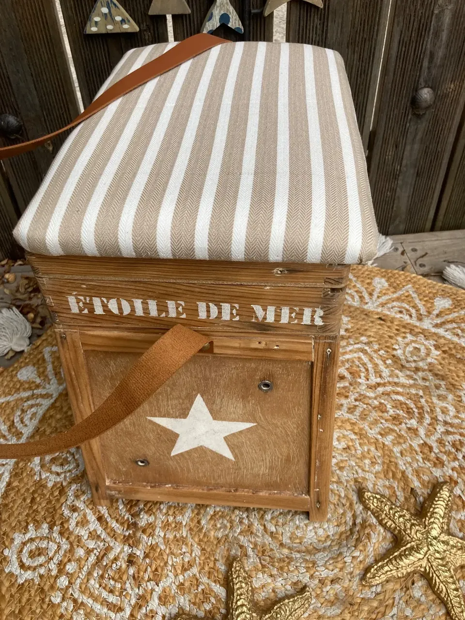 Original !!! Coffre tabouret de pêcheur style BORD DE MER  meuble vintage relooke en bois massif