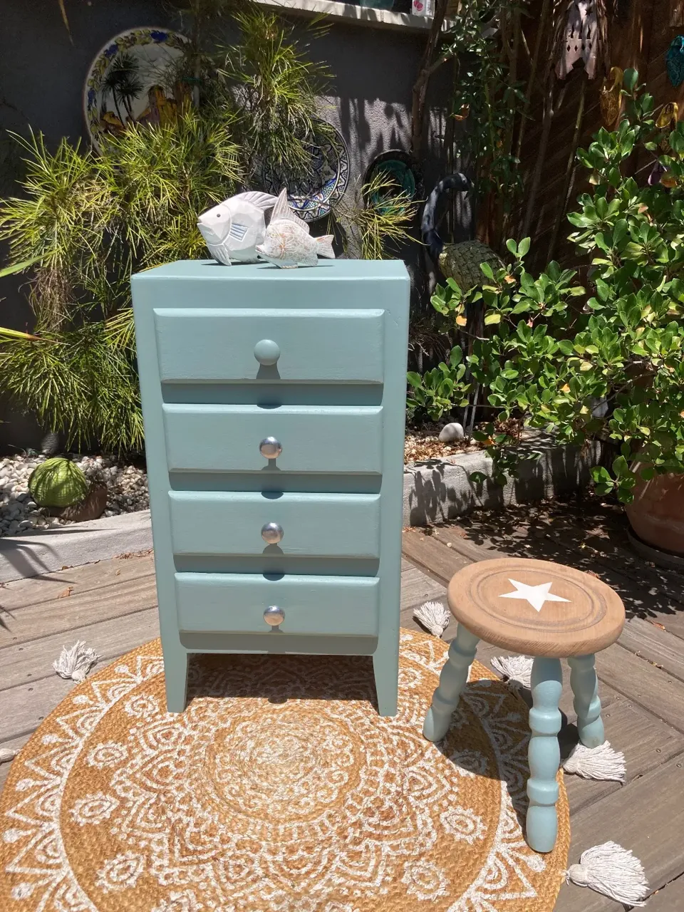 Petit chiffonnier vintage années 50/ peint vert  meuble vintage relooke en bois massif