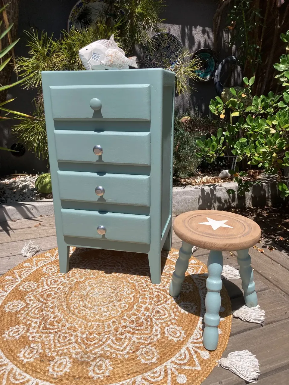 Petit chiffonnier vintage années 50/ peint vert  meuble vintage relooke en bois massif