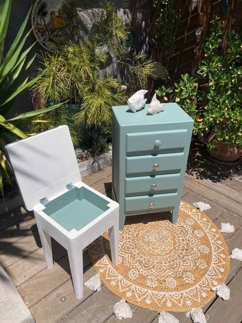Petit chiffonnier vintage années 50/ peint vert  meuble vintage relooke en bois massif