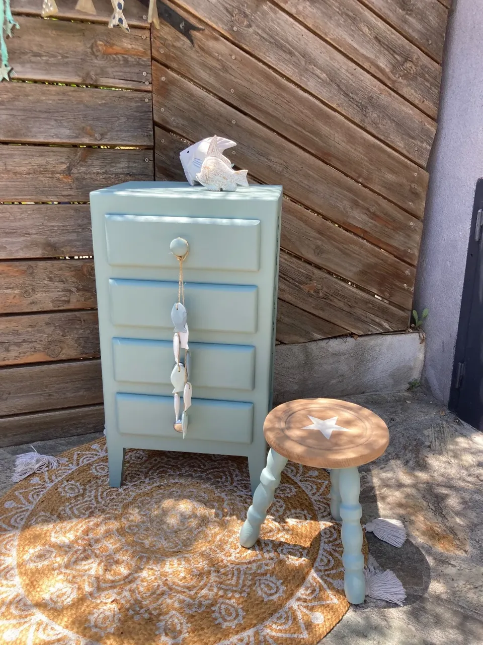 Petit chiffonnier vintage années 50/ peint vert  meuble vintage relooke en bois massif