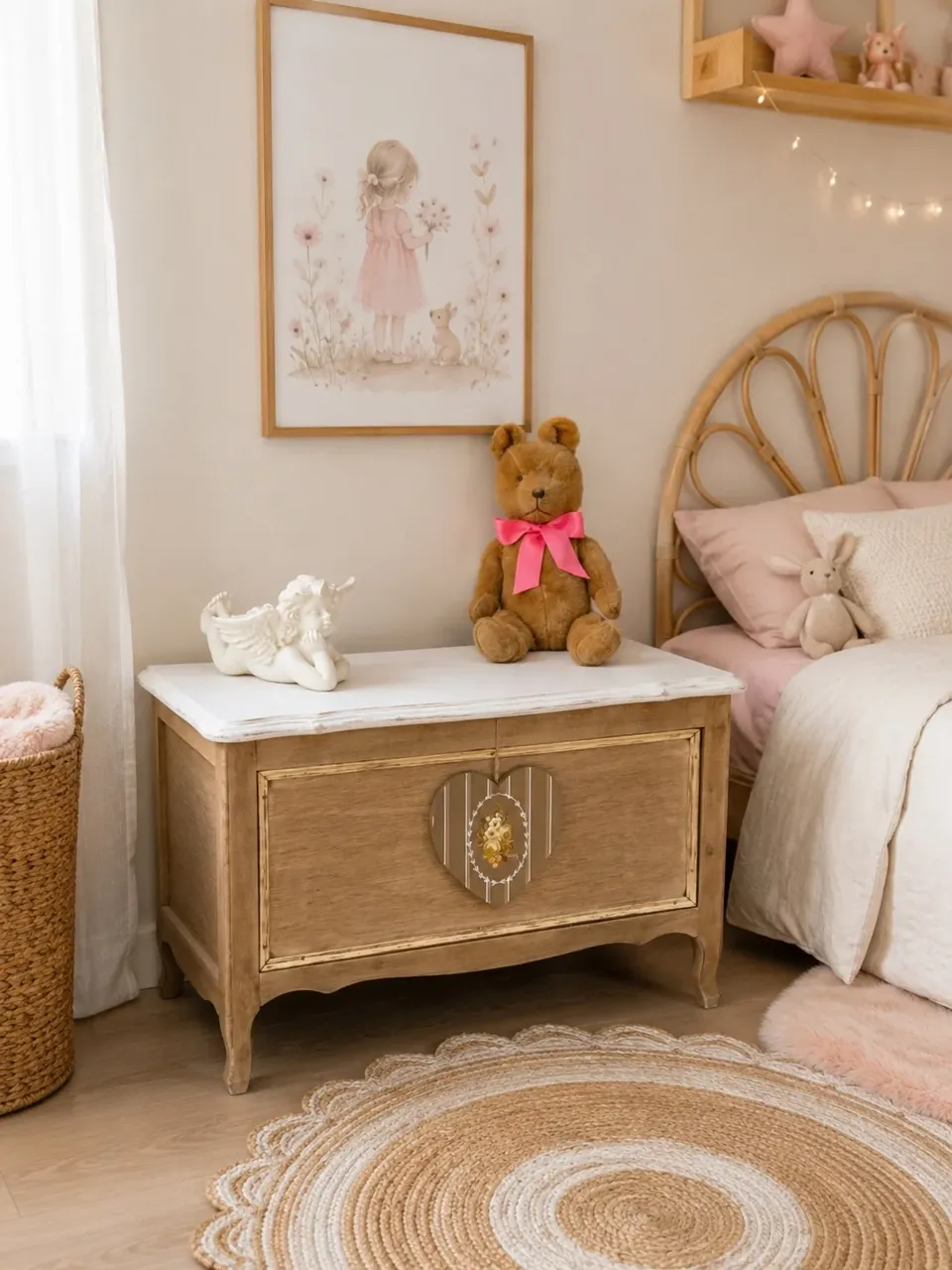 Petit coffre à jouets 🧸 vintage bois brut et coeur  meuble vintage