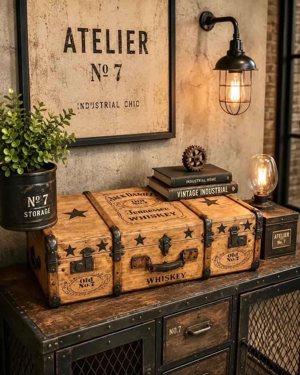 Valise vintage ou malle relookee jack Daniel / industriel  meuble vintage